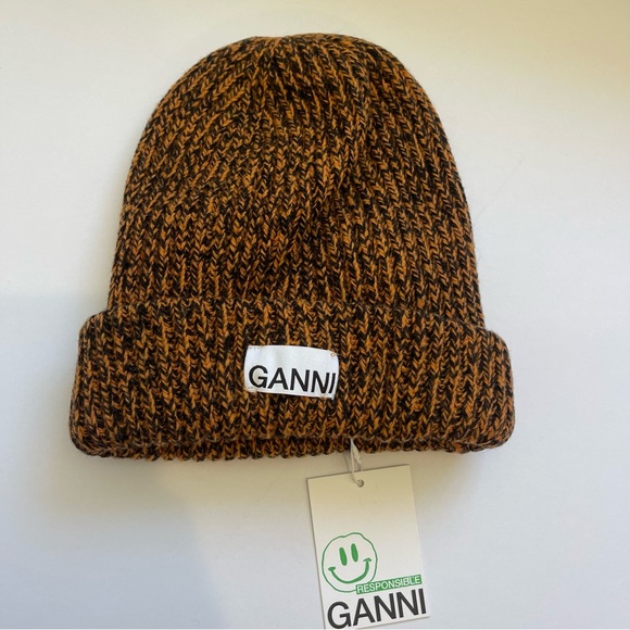 NWT Ganni Rib knit beanie brown marigold / black - Picture 4 of 15